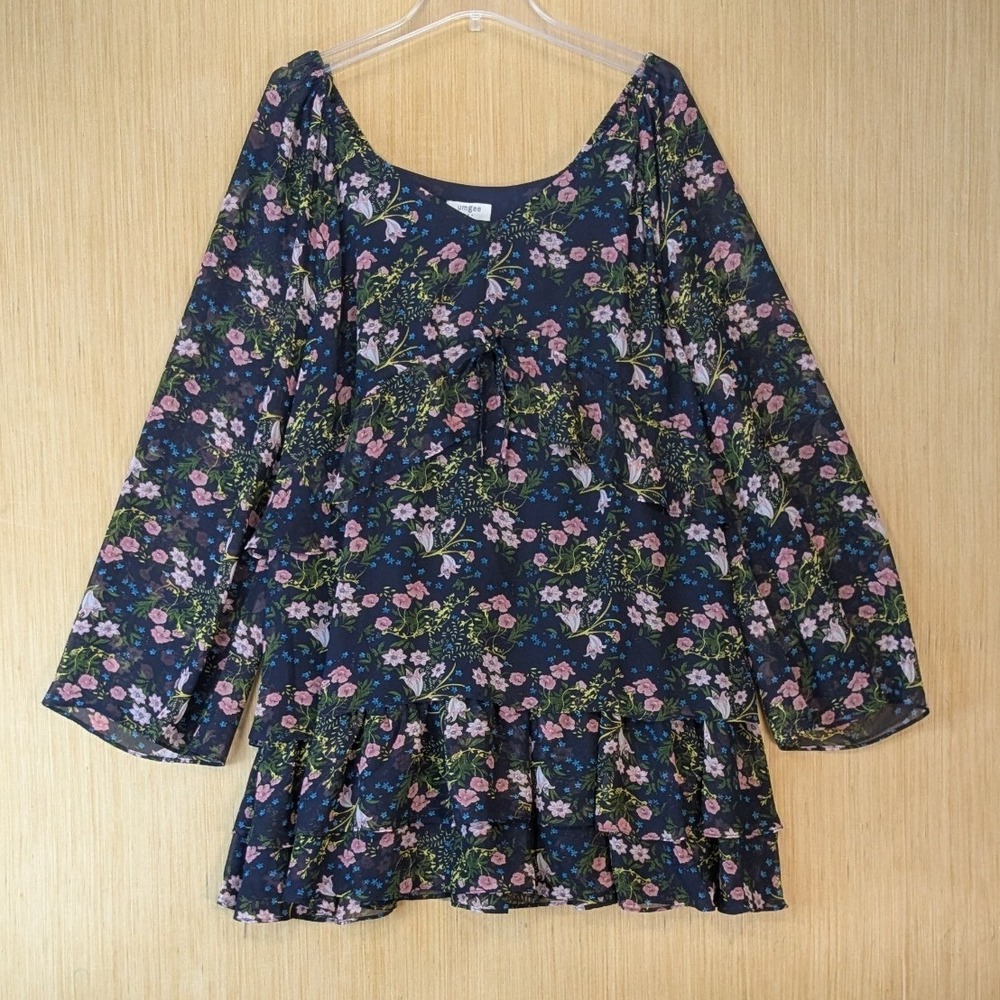 Umgee Boho Fairy Grunge Floral Tiered Ruffle Mini Dress Bell Sleeve Women Large
